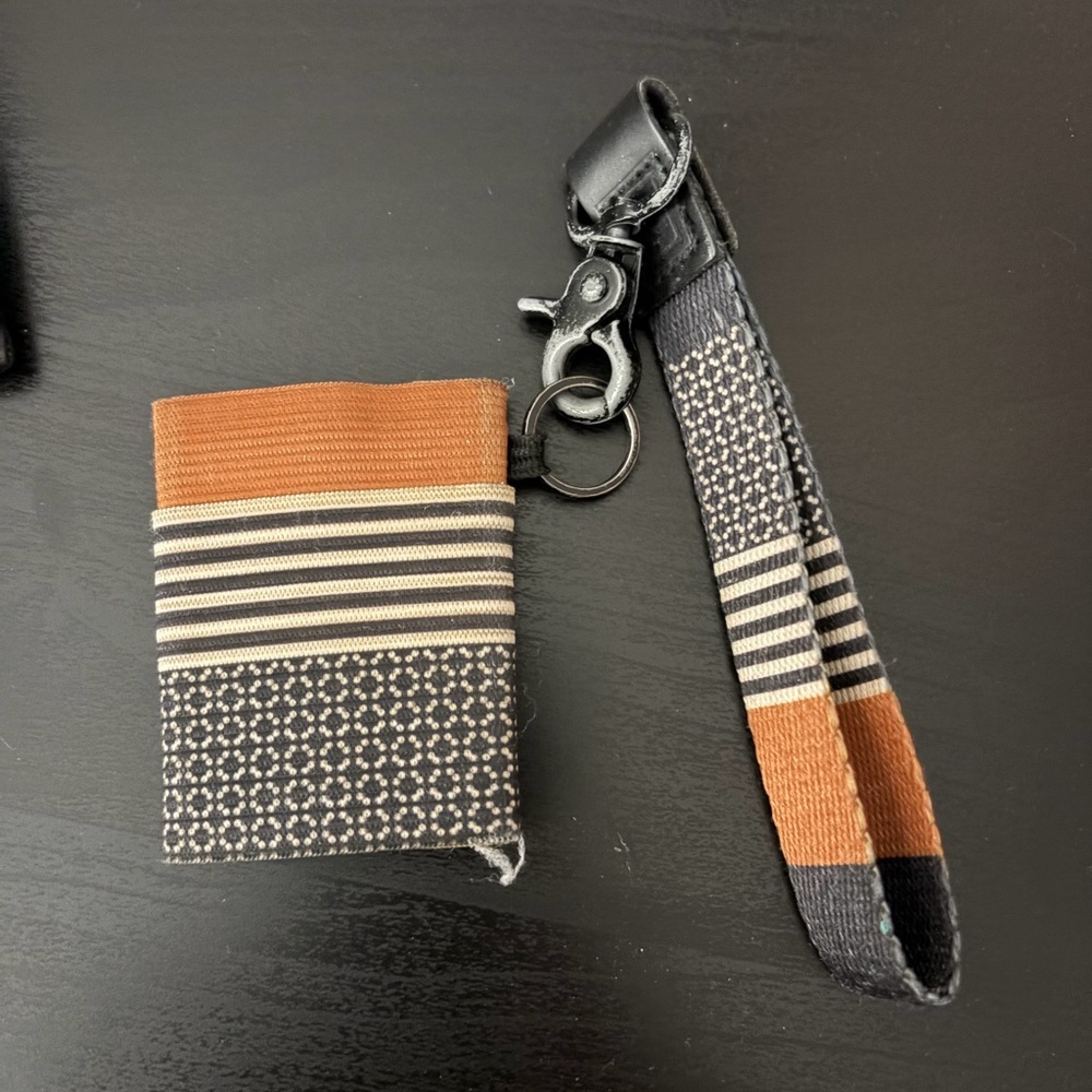 Women’s Black and Brown Fabric Card Holder with Wrist Strap thread